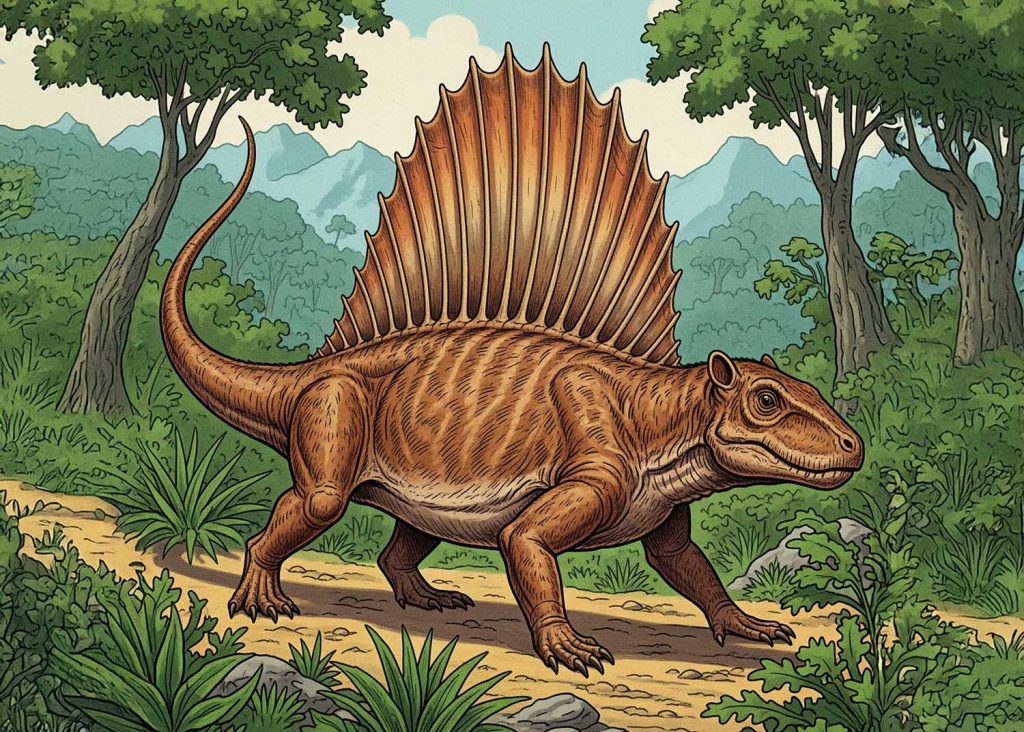 This illustration shows a Dimetrodon, once mistakenly portrayed as a scaly dinosaur but now understood to be a sail-backed synapsid — an early relative of mammals, not reptiles. Recent evidence suggests its skin likely had a more textured, possibly leathery or semi-mammalian appearance, reflecting its position on the evolutionary line leading to mammals.