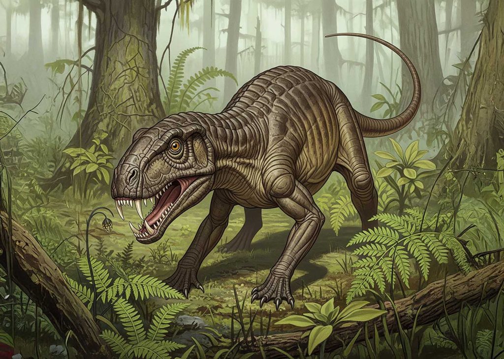 This illustration depicts a Gorgonopsian, a saber-toothed predator from the late Permian period, once described as a “mammal-like reptile.” It’s now recognized as an early synapsid, more closely related to mammals than reptiles, and is often shown with leathery or partially furred skin reflecting this evolutionary link.