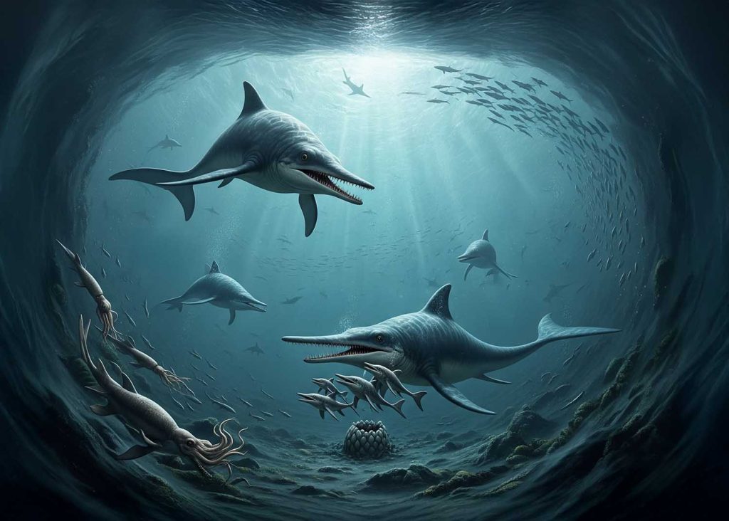 A sleek, dolphin-like Ichthyosaurs with a long snout and powerful tail fin swims through clear blue ocean water, surrounded by schools of fish.