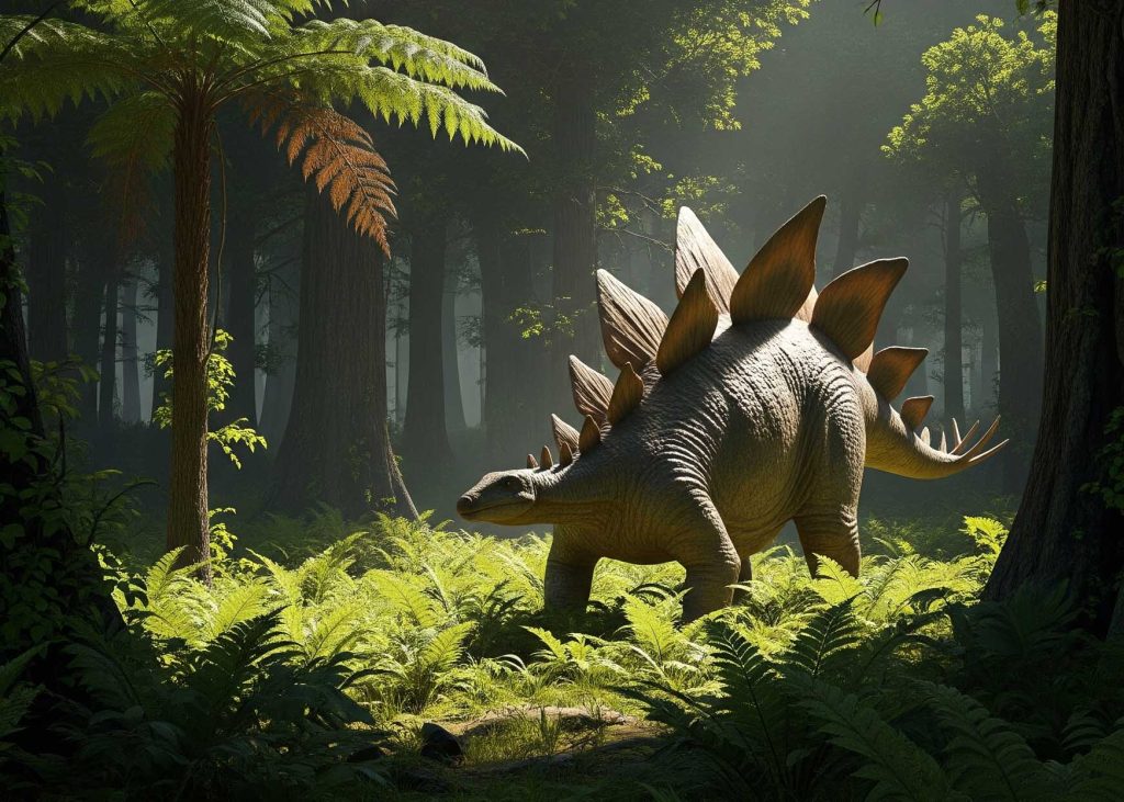 A Stegosaurus stands in a dense, humid Jurassic forest filled with tall ferns and ancient trees, under dappled sunlight.