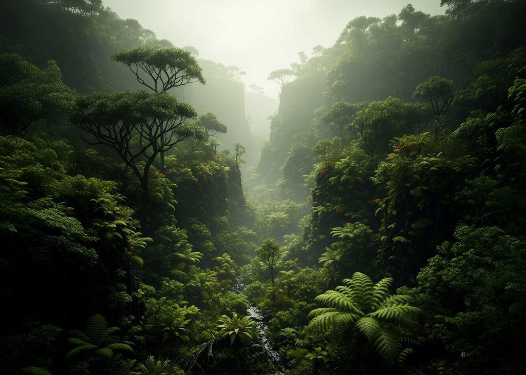 Image of forest in a warm, wet, and humid weather of Jurassic period.
