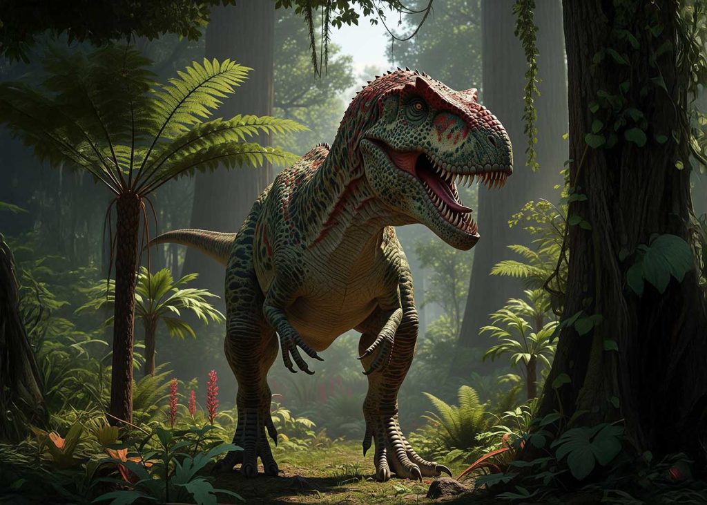 A large carnivorous dinosaur, Allosaurus, with its mouth open stands in a dense, humid prehistoric forest among ferns and tall trees.