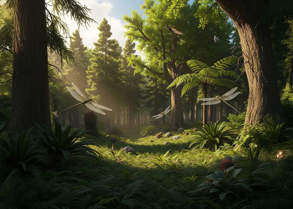 Giant dragonflies with translucent wings fly through a sun-dappled, lush prehistoric forest filled with towering trees and abundant ferns.
