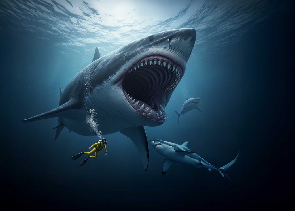 A depiction of Megalodon, showing its immense size compared to a human and a great white shark.