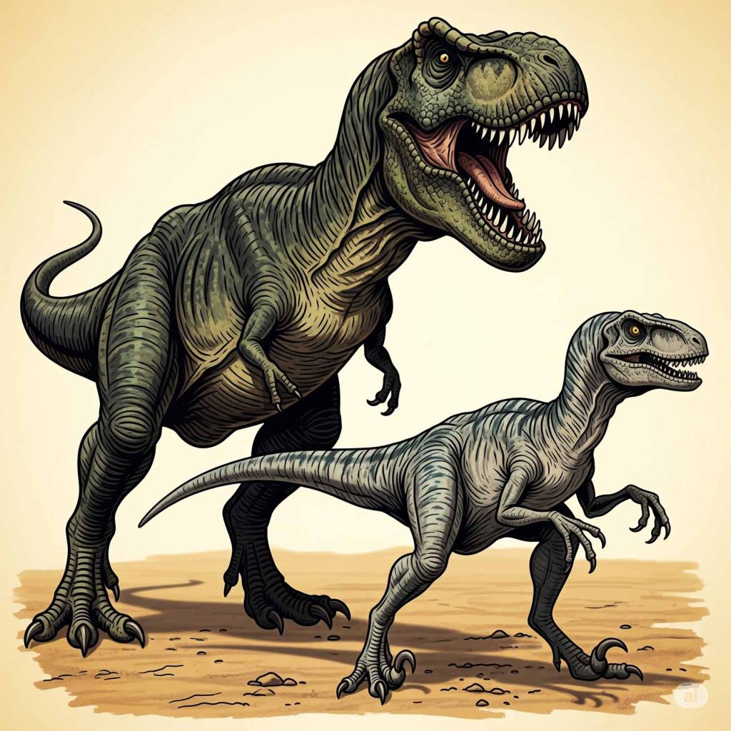An illustration of a classic, scaly dinosau without feathers, representing the traditional view.