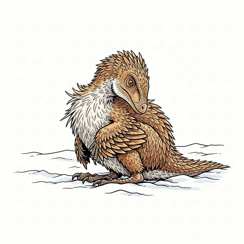An illustration of a small, feathered dinosaur in a snowy, environment, huddling to stay warm,