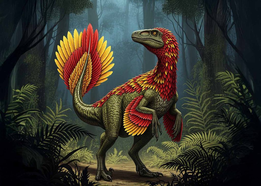 An illustration of a feathered dinosaur displaying colorful feathers to attract a mate.