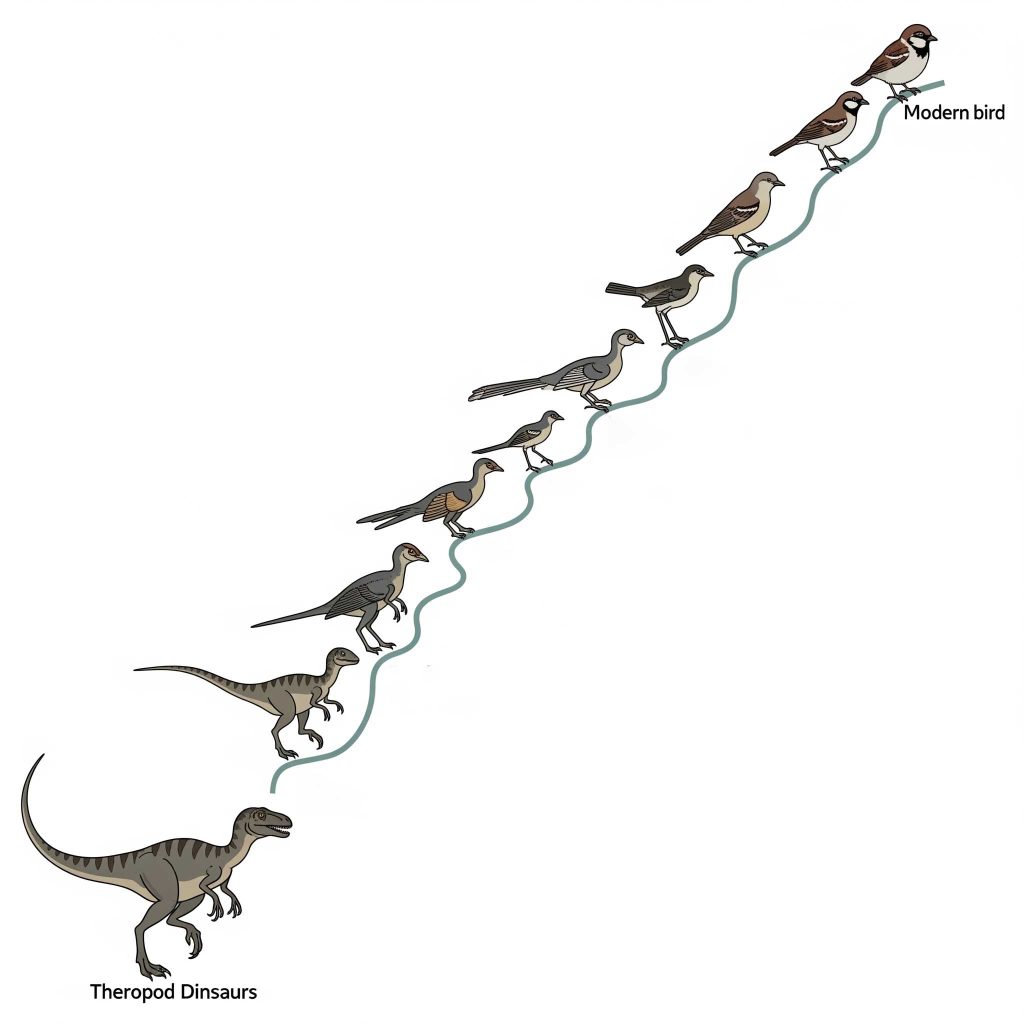 Illustration of a simplified evolutionary tree showing the lineage from Theropod dinosaurs to modern birds.