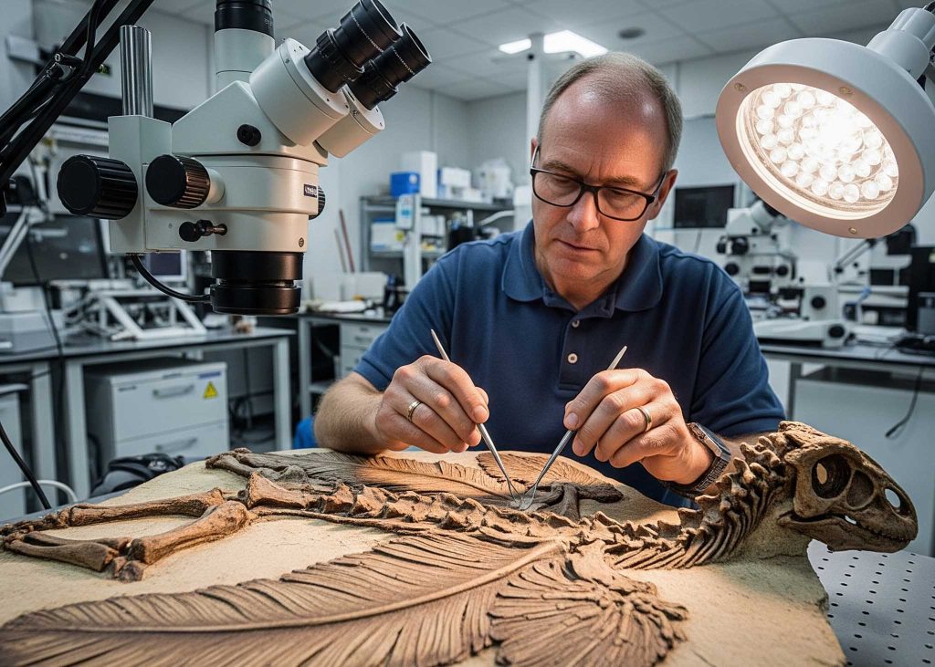 A paleontologist examining a fossil of a feathered dinosaur in a lab.