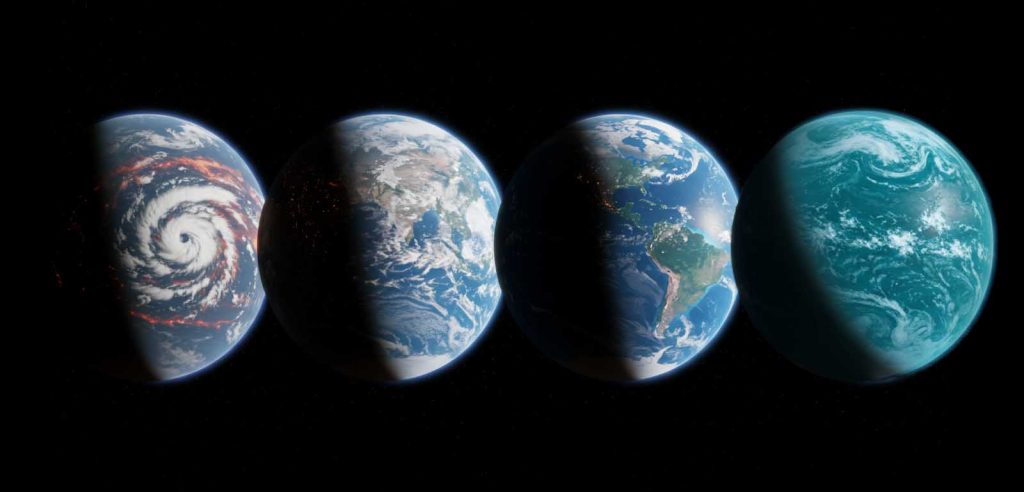 A conceptual illustration of Earth's surface continuously changing over geological time, from past supercontinents to the present, and into future predicted configurations.