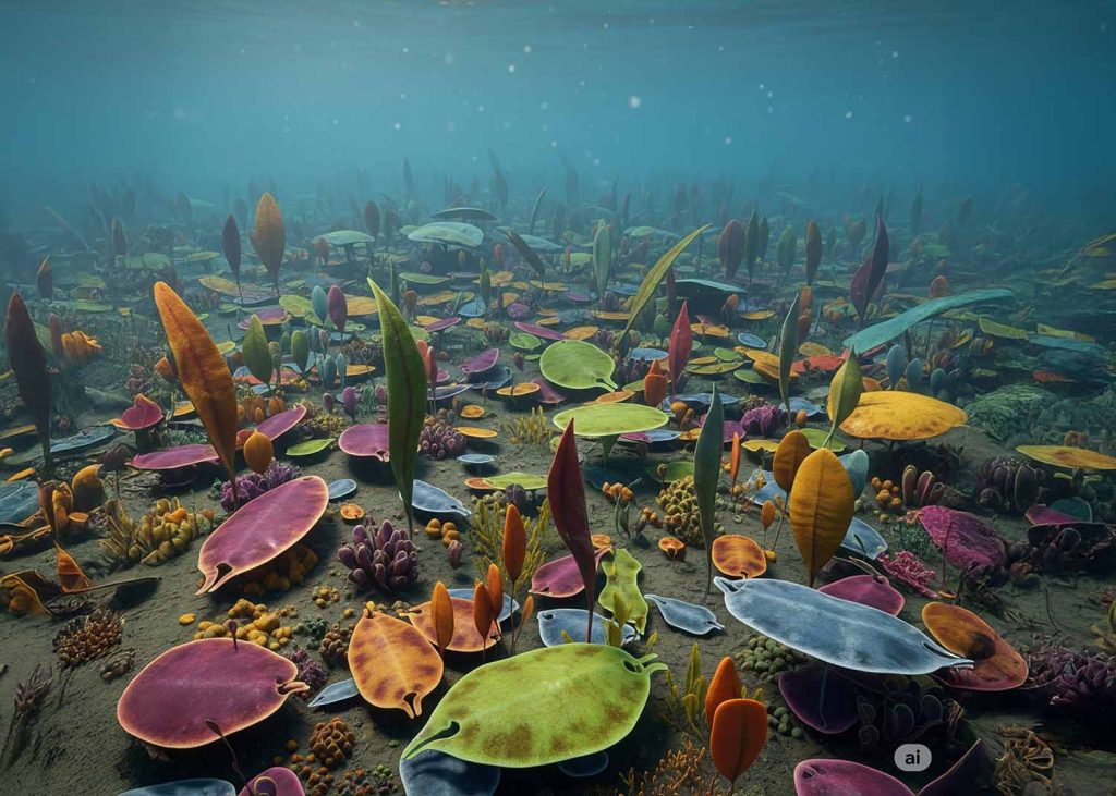 Conceptual illustration of possible Ediacaran biota lifeforms inhabiting an ancient ocean seafloor. Image shows Ediacaran Biotas covering the seafloor with different colors and shapes, some laying flat on the ground and some floating vertically while still attached to the seafloor.