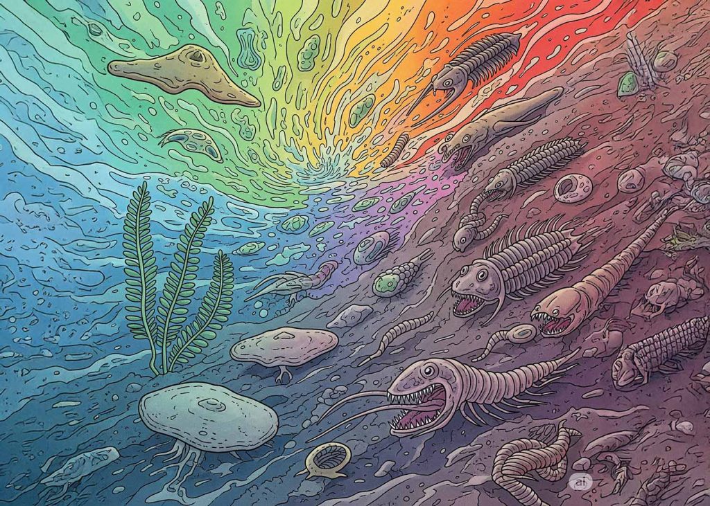 An artistic illustrating the theories behind the decline of the Ediacaran biota and the rise of new life forms.