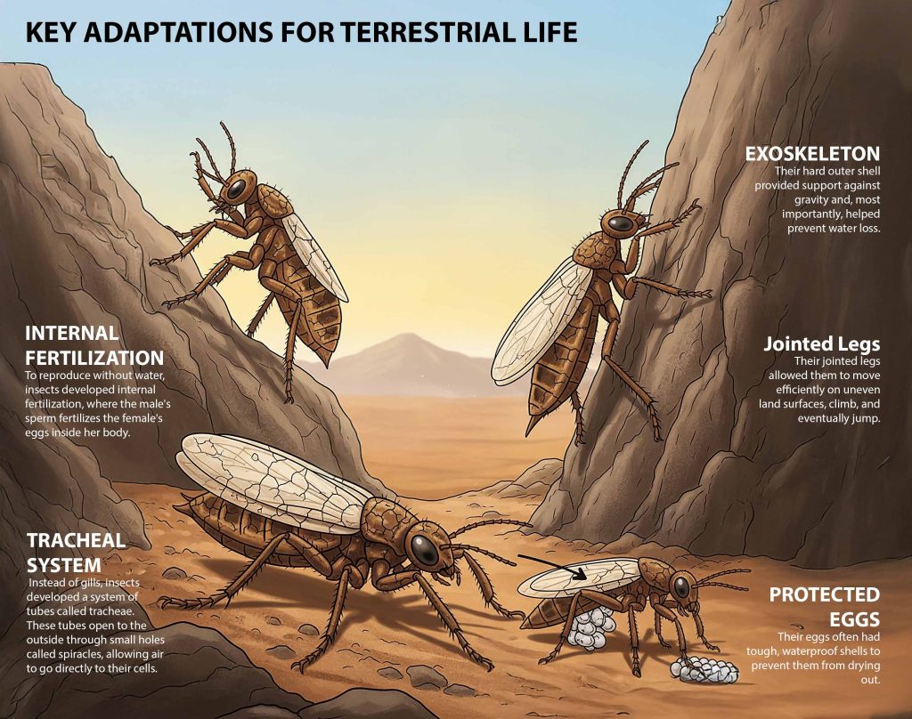 A diagram illustrating key adaptations of early insects: exoskeleton, spiracles/trachea for breathing, and specialized legs for walking.