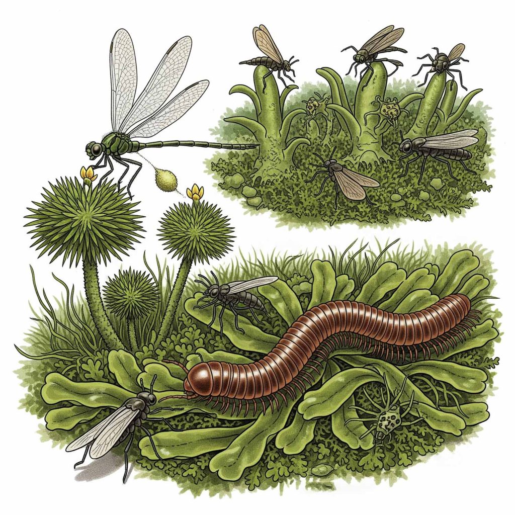 An illustration showing early insects interacting with ancient land plants, symbolizing their role in pollination, decomposition, and creating new food webs.