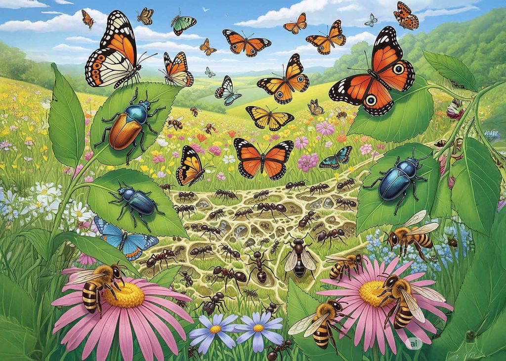 A vibrant illustration showcasing the immense diversity of modern insects (butterflies, beetles, ants, bees, etc.) in a lush natural environment.