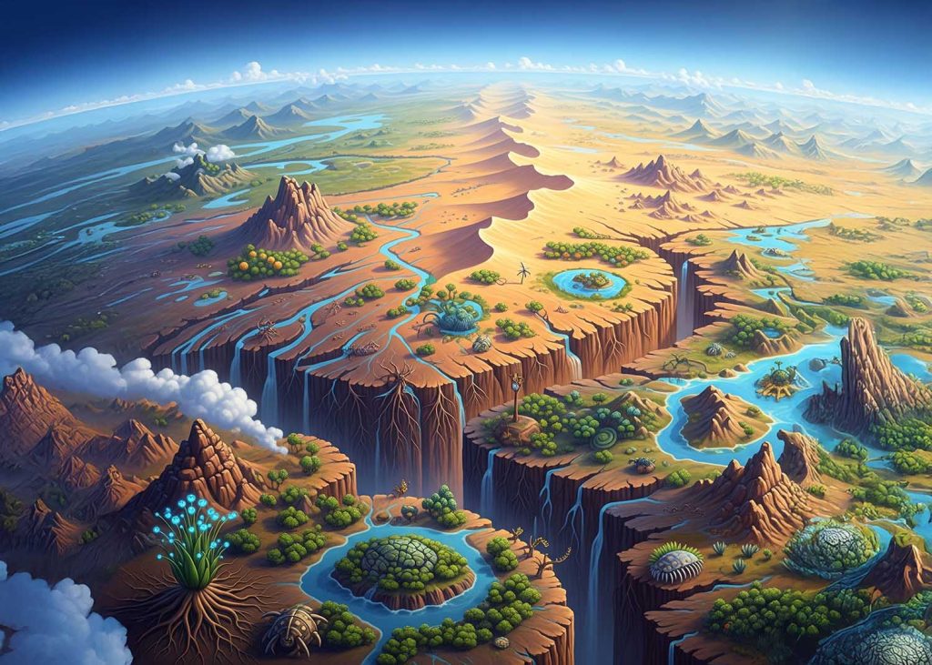 An illustration showing a future supercontinent with extreme climate zones (vast deserts, harsh interiors) and how life might adapt to these new conditions.