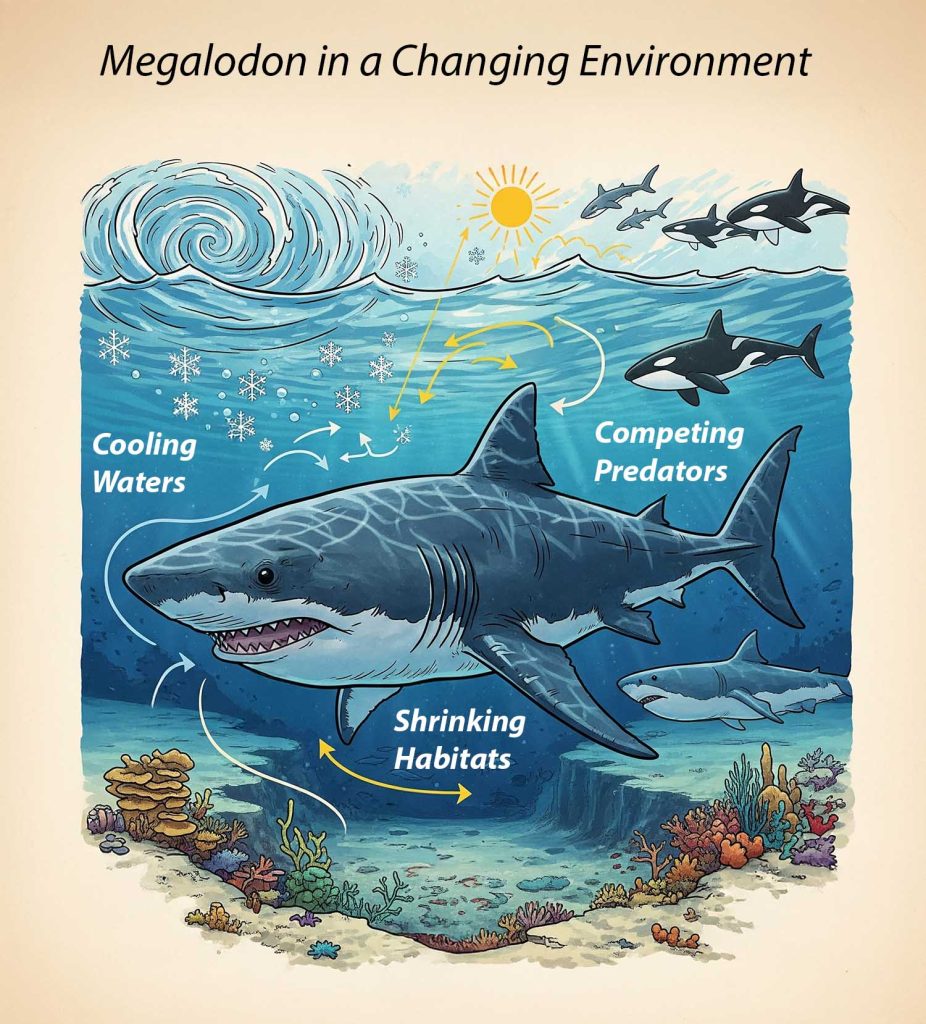 An illustration showing a Megalodon in a changing environment, with symbols representing cooling waters, shrinking habitats, and competing predators, leading to its decline.