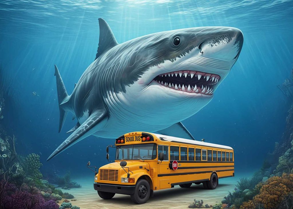 An illustration comparing the size of a Megalodon to a school bus, emphasizing its enormous scale.
