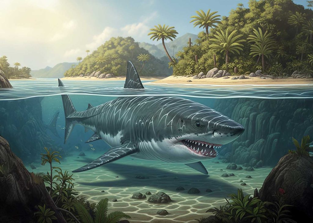 Megalodon habitat and diet. An illustration of a Megalodon swimming in warm, shallow coastal waters, near ancient shorelines with lush vegetation.