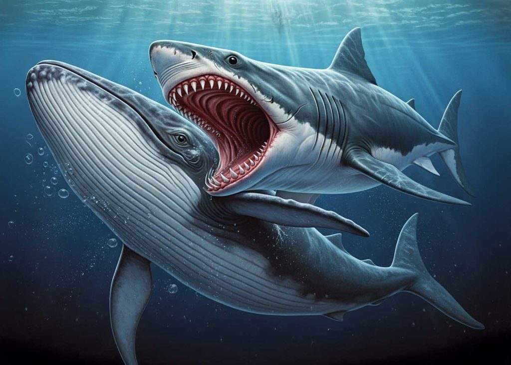 An illustration of a Megalodon attacking a large ancient whale, showcasing its hunting strategy and the size of its prey.