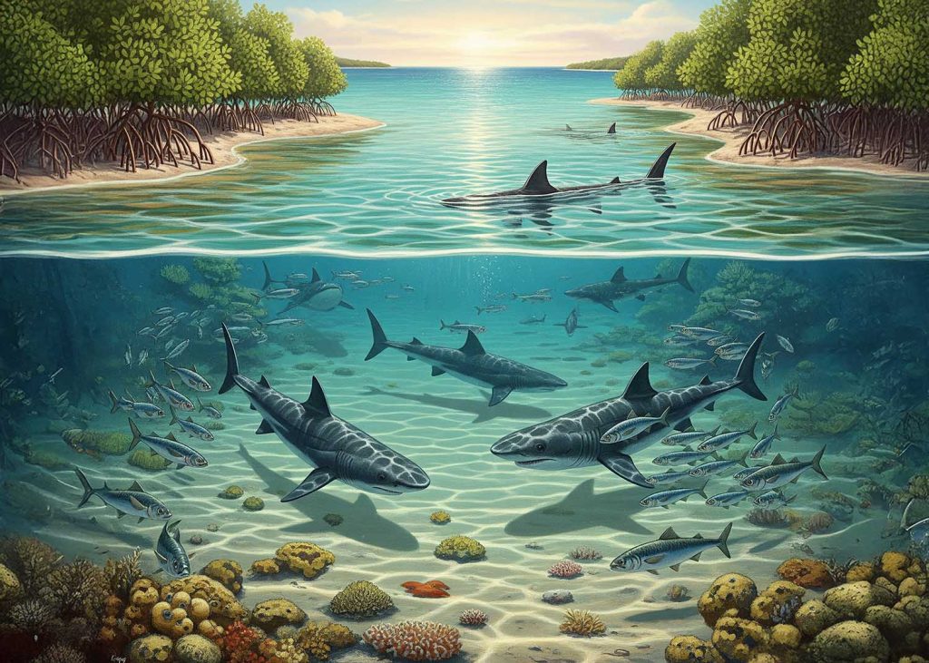 An illustration of a shallow, protected coastal bay or lagoon serving as a Megalodon nursery, with juvenile Megalodons swimming among smaller prey.