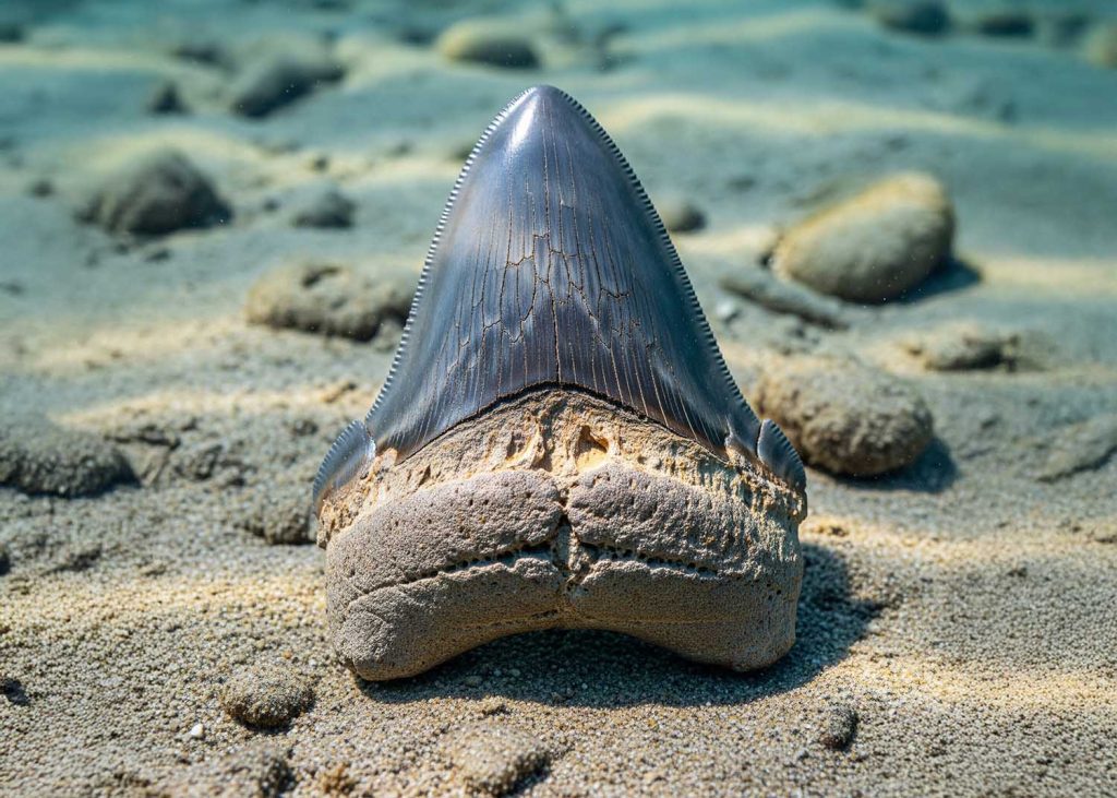 A close-up of a fossilized Megalodon tooth resting on a modern seafloor, symbolizing its enduring legacy and the vastness of geological time.