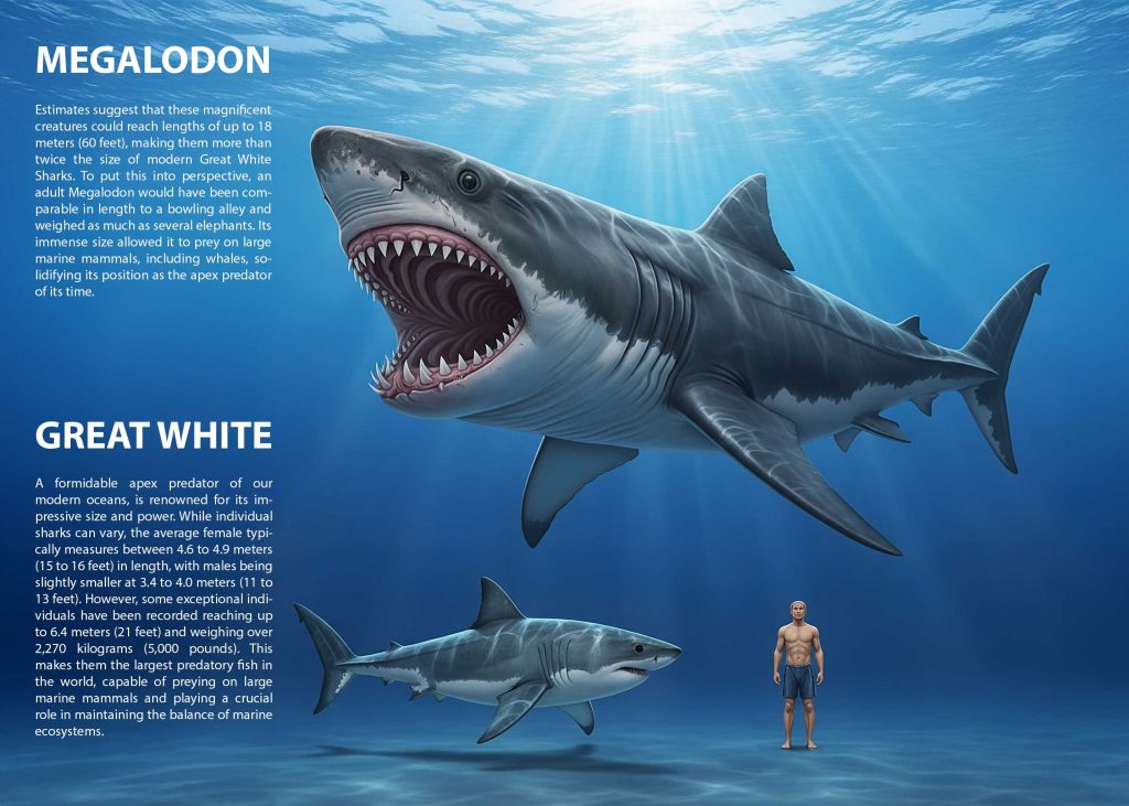 An illustration comparing the size of a Megalodon to a modern Great White Shark and a human.