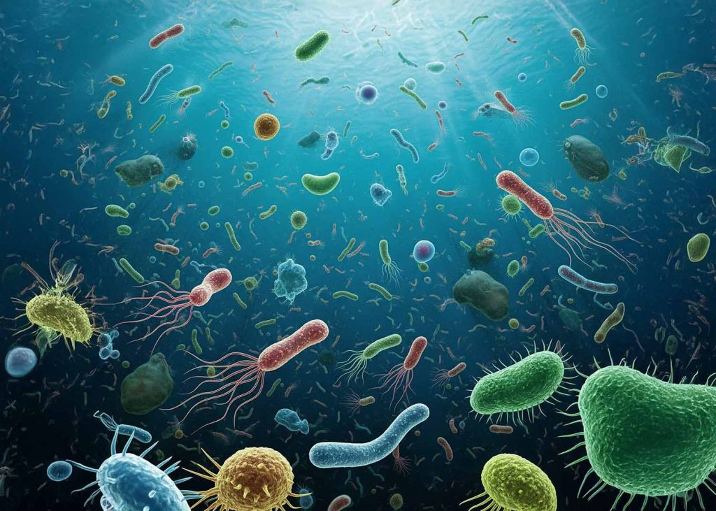 An illustration of a primordial ocean filled with various single-celled organisms.