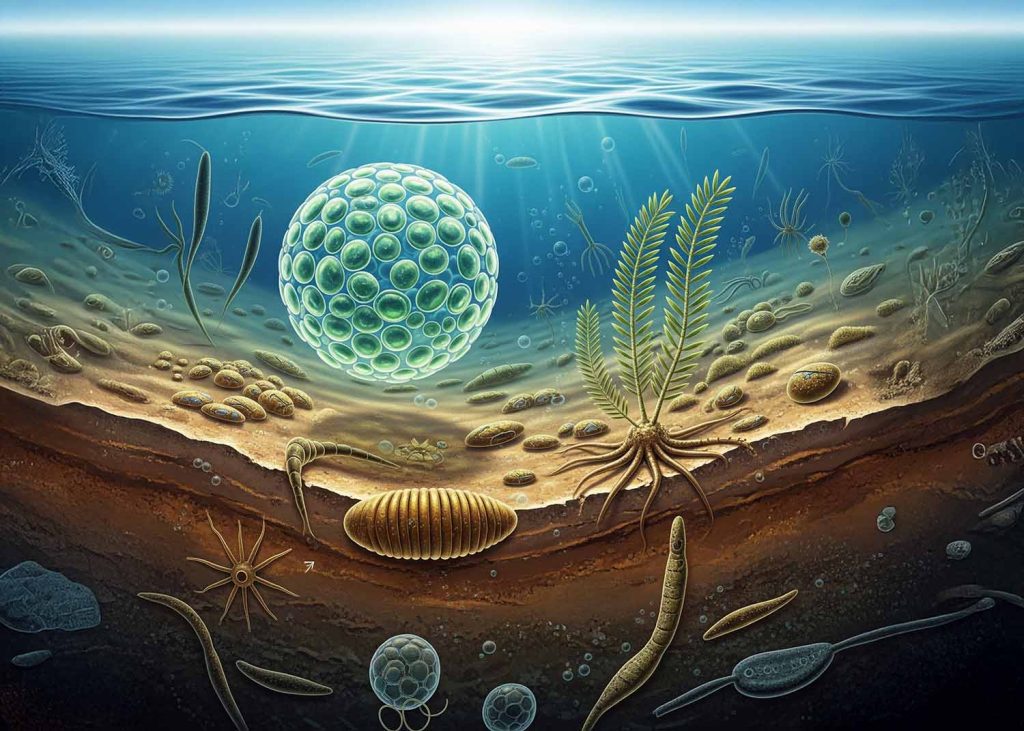 An illustration depicting early forms of multicellular life, such as simple colonial algae like Volvox and the unique Ediacaran biota (Dickinsonia, Charnia) on the ancient seafloor.
