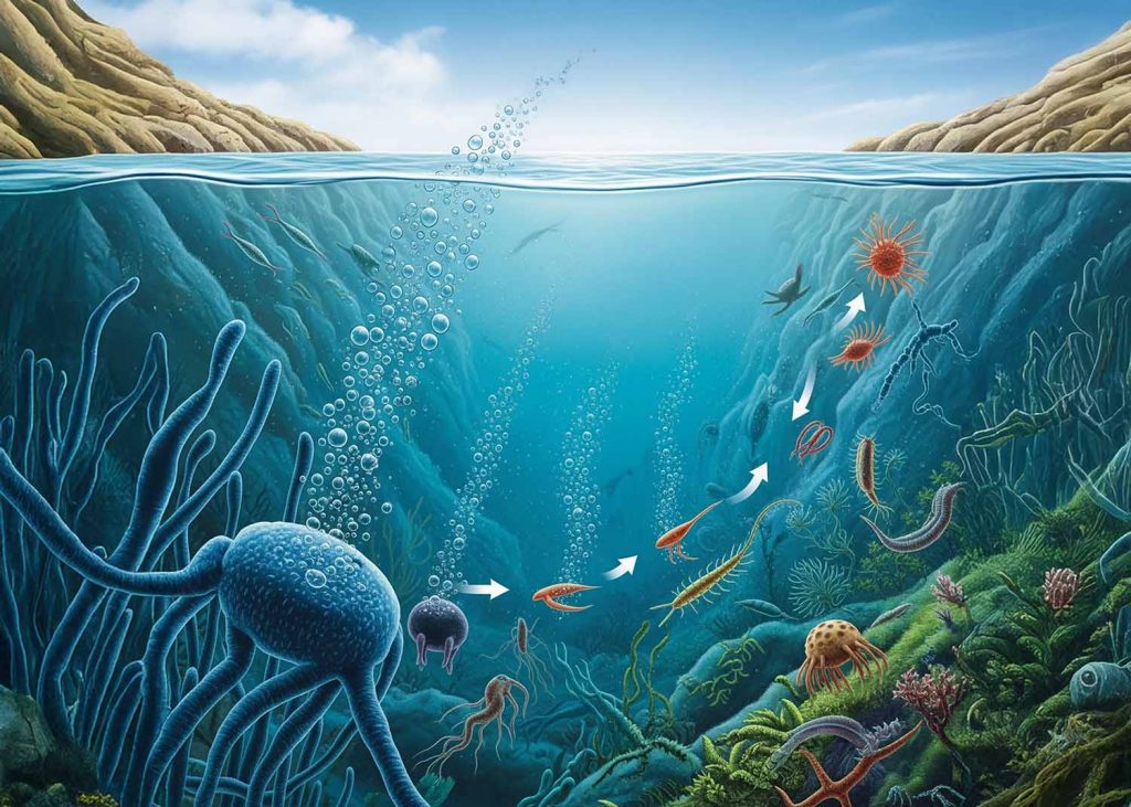 An illustration showing ancient oceans with cyanobacteria producing oxygen bubbles, and the subsequent increase in oxygen levels leading to the development of more complex multicellular life forms.