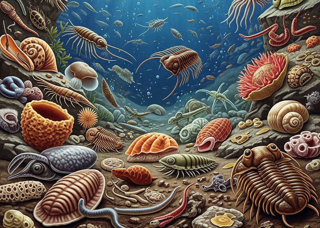 An illustration depicting the Cambrian Explosion, showing a sudden burst of diverse and complex marine life forms, including early arthropods, mollusks, and other invertebrates.