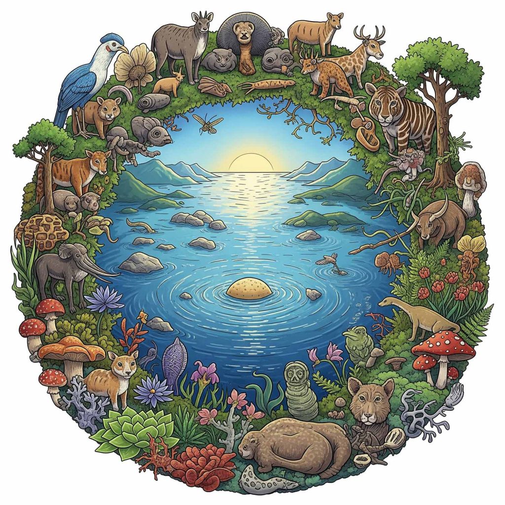 An illustration showing the vast diversity of complex multicellular life forms (plants, animals, fungi) that exist today, stemming from the evolution of multicellularity.