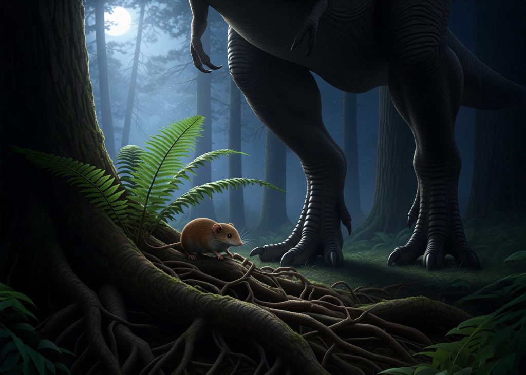 A small, shrew-like mammal hiding in the roots of a giant fern as a huge Tyrannosaurus Rex foot steps down nearby.