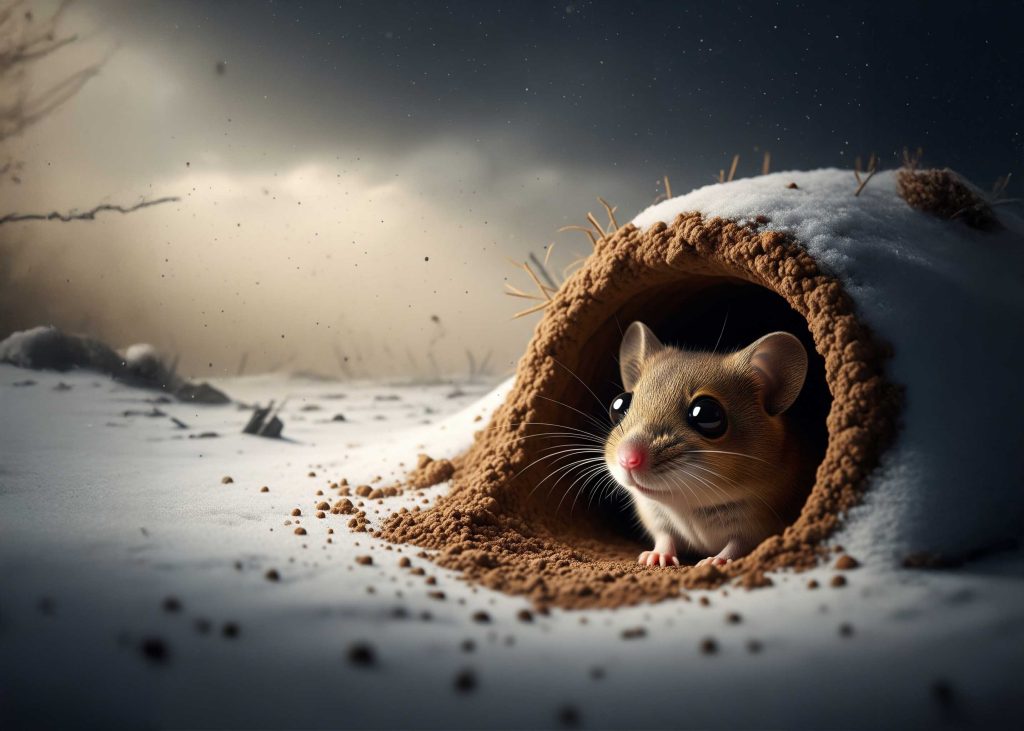 A small mammal peeking out from a cozy underground burrow. Outside, the world is a dark, snowy, and desolate landscape, a time after the asteroid impact winter.