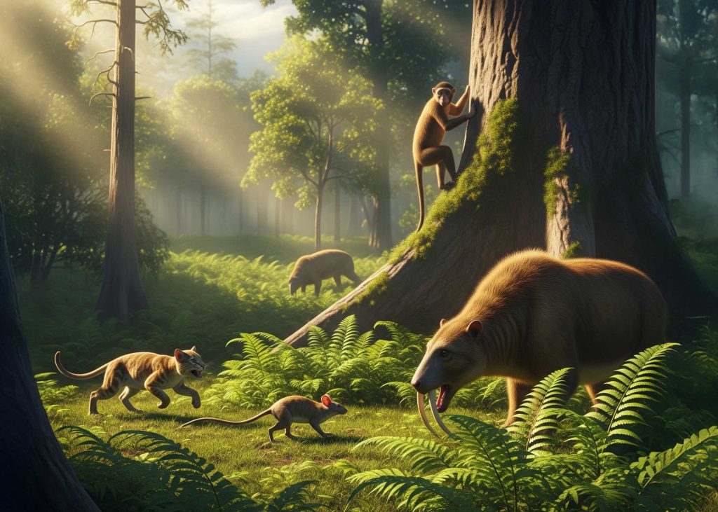 A vibrant landscape with variety of early mammals of different shapes and sizes. This illustrates the rapid adaptive radiation and mammal evolution after the dinosaurs.