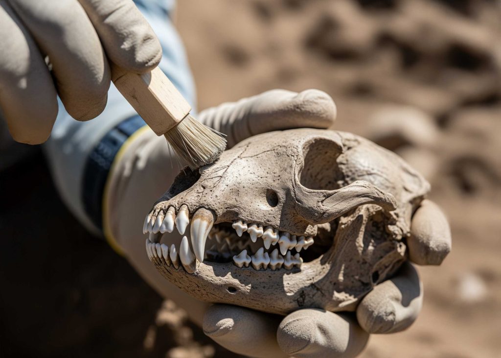A close-up, detailed view of a fossilized mammal skull and jaw, with a paleontologist's brush gently cleaning it.