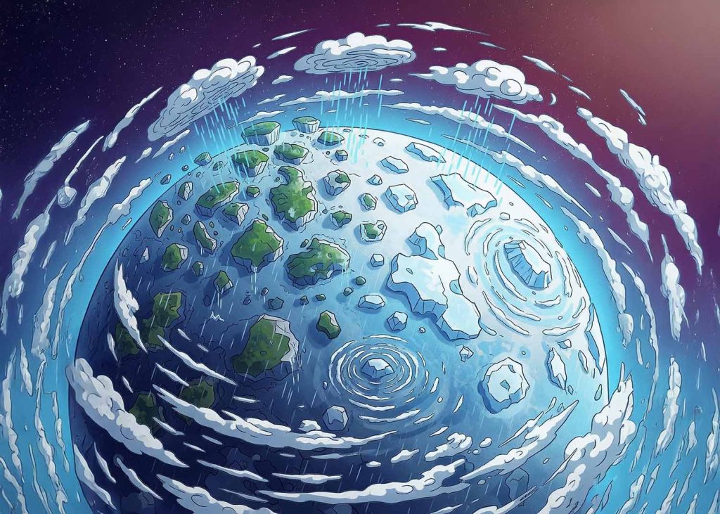 Artistic cartoonish illustration of a planet in the porcess of turning into a snowball earth.
