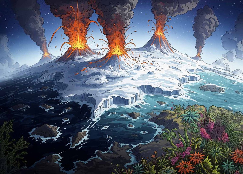 An illustration showing the rapid thawing of Snowball Planet, with massive volcanic eruptions releasing CO2, leading to a super-greenhouse effect and melting ice.