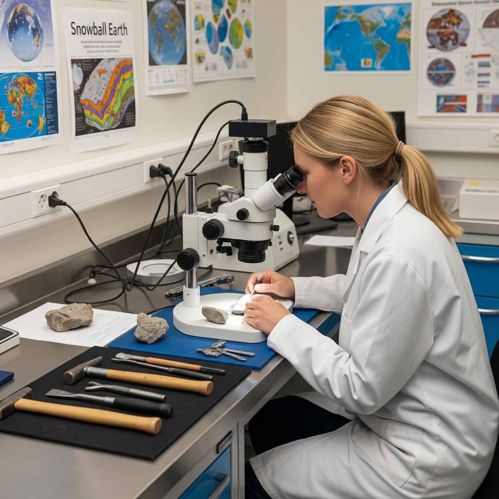 A paleontologist examining ancient rock samples in a lab, contucting ongoing research into Snowball Earth: