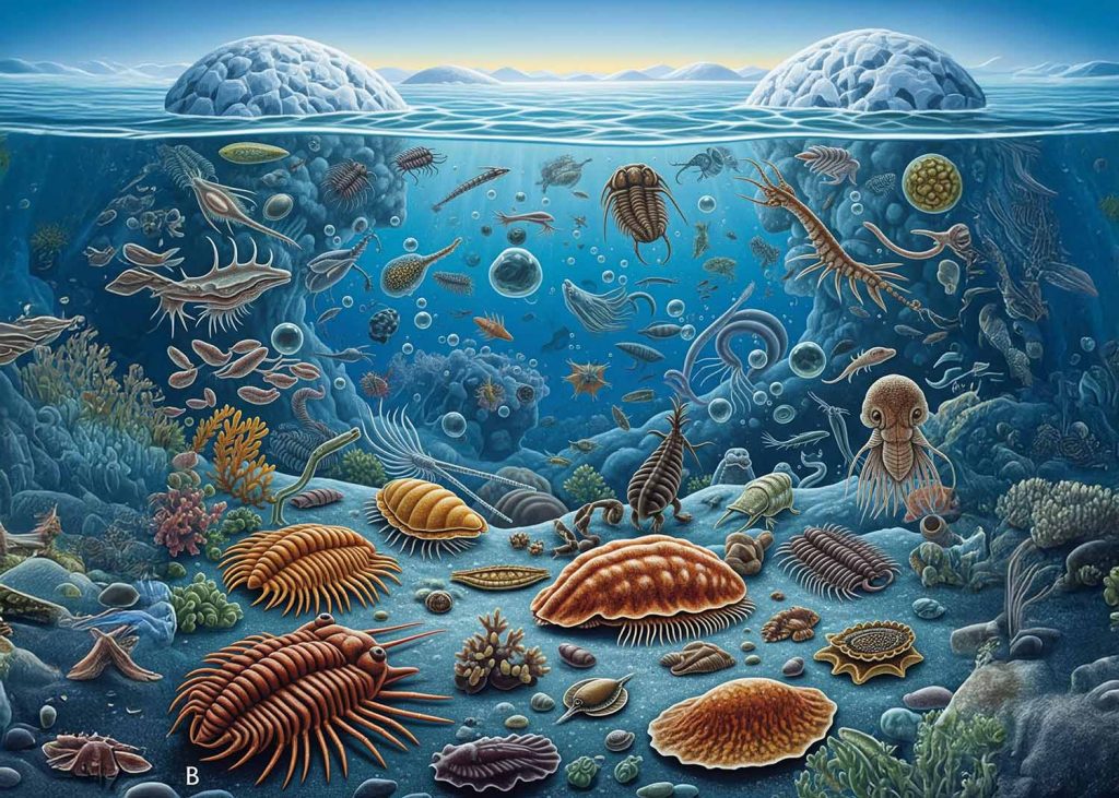 An illustration showing the rapid diversification of life after the Snowball Earth thaw, leading into the Cambrian Explosion with new, complex marine organisms.