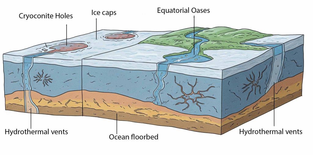 A diagram of possible ways life could have survived during the great freeze of Snowball Earth. Stylistically depicting Hydrothermal Vents, Cryoconite Holes, and Equatorial Oases.