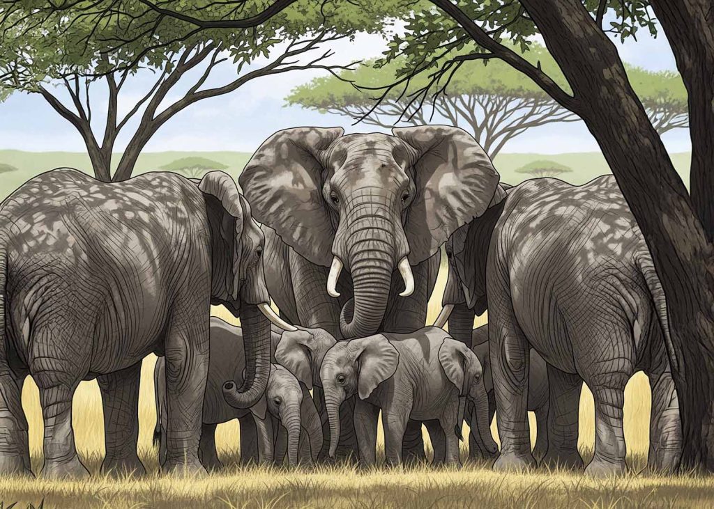 An illustration showing examples of animal social behavior: a herd of elephants protecting their young.