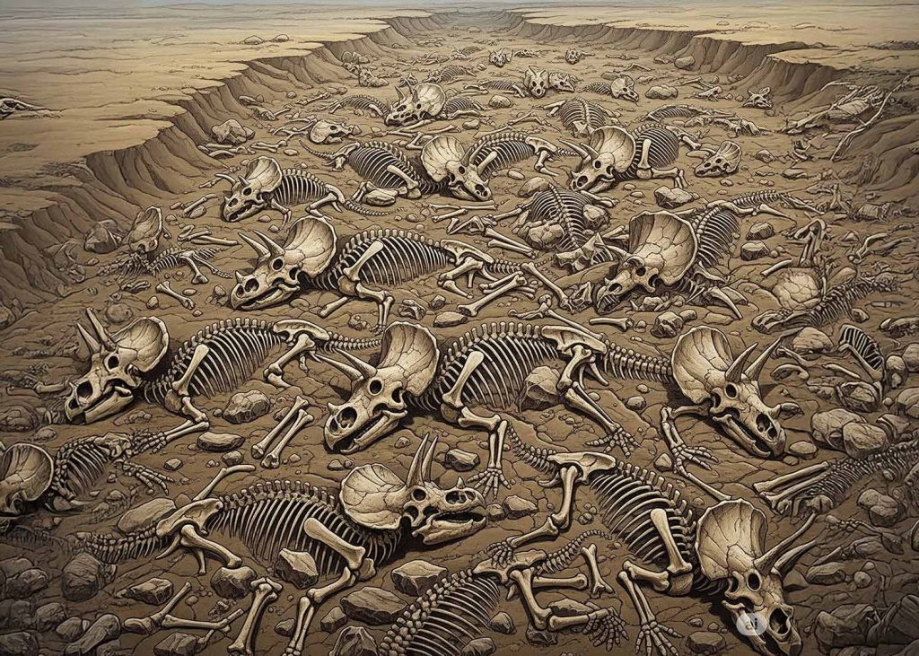An illustration of a dinosaur bonebed, showing many skeletons of the same dinosaur species buried together.