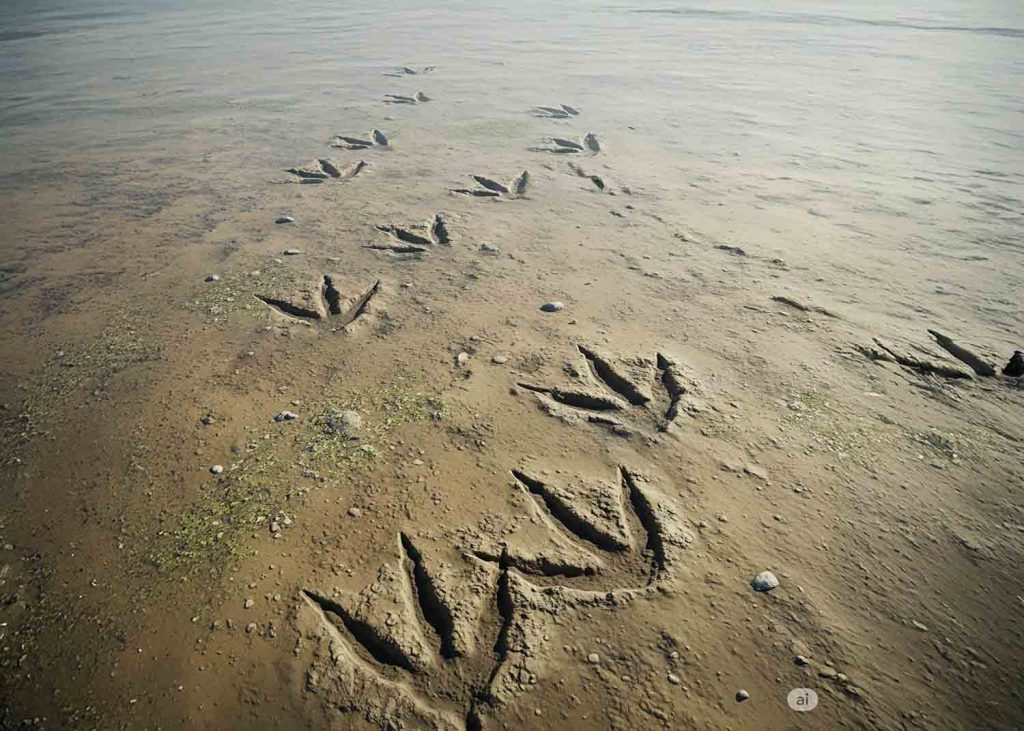 An illustration of multiple parallel dinosaur trackways of the same species moving in the same direction, indicating a herd or group movement.