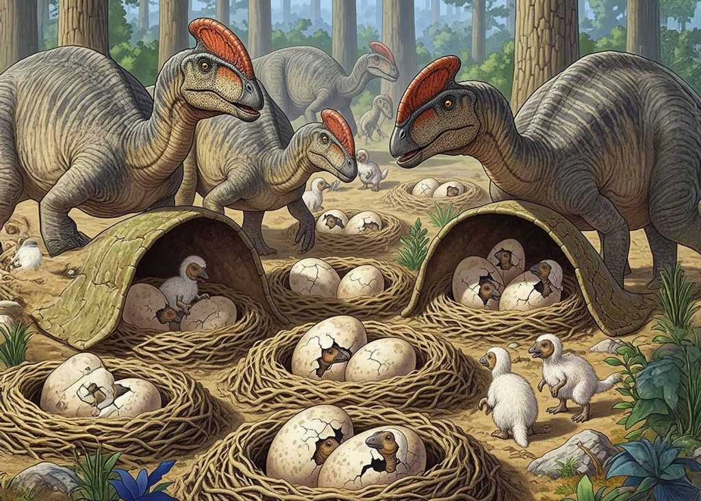 An illustration of a nesting site, showing adult dinosaurs guarding nests with eggs and hatchlings, indicating parental care.