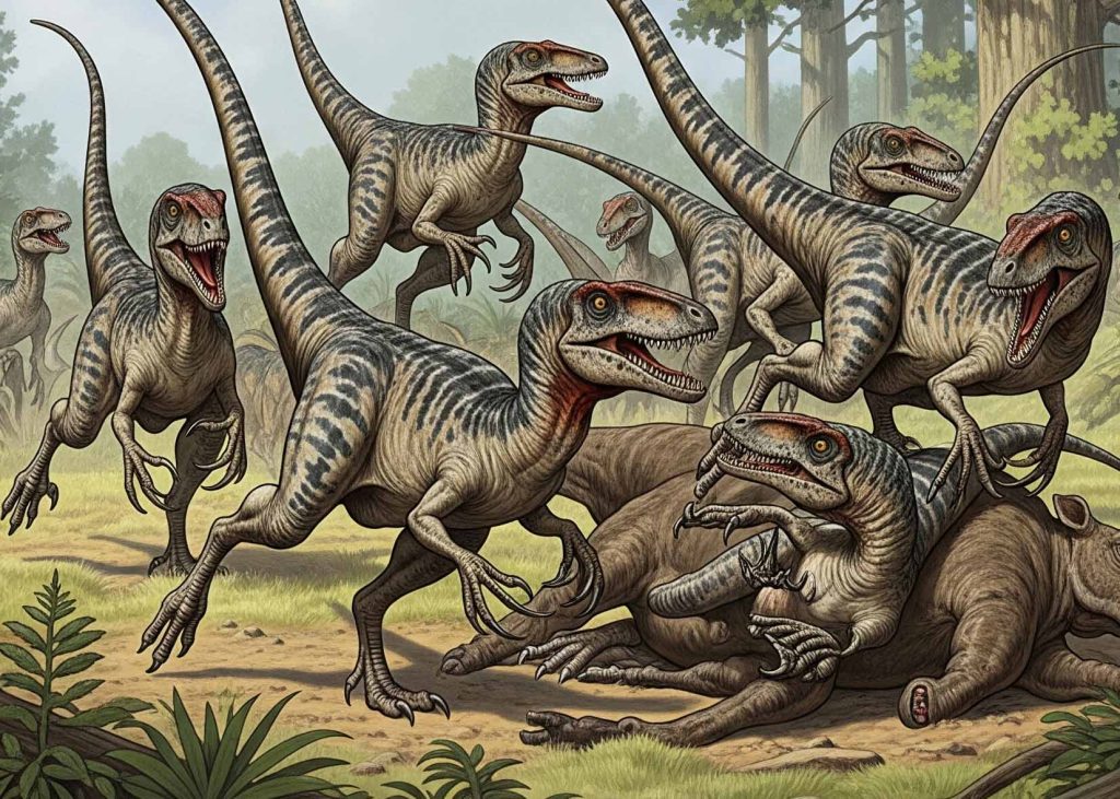 An illustration of a pack of Deinonychus (raptor-like dinosaurs) cooperatively hunting a larger prey animal, demonstrating pack behavior.