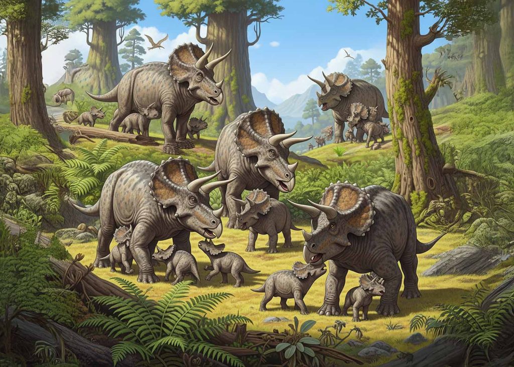 A conceptual illustration showing a group of triceratops in packs, parents with young interacting in a complex prehistoric ecosystem.