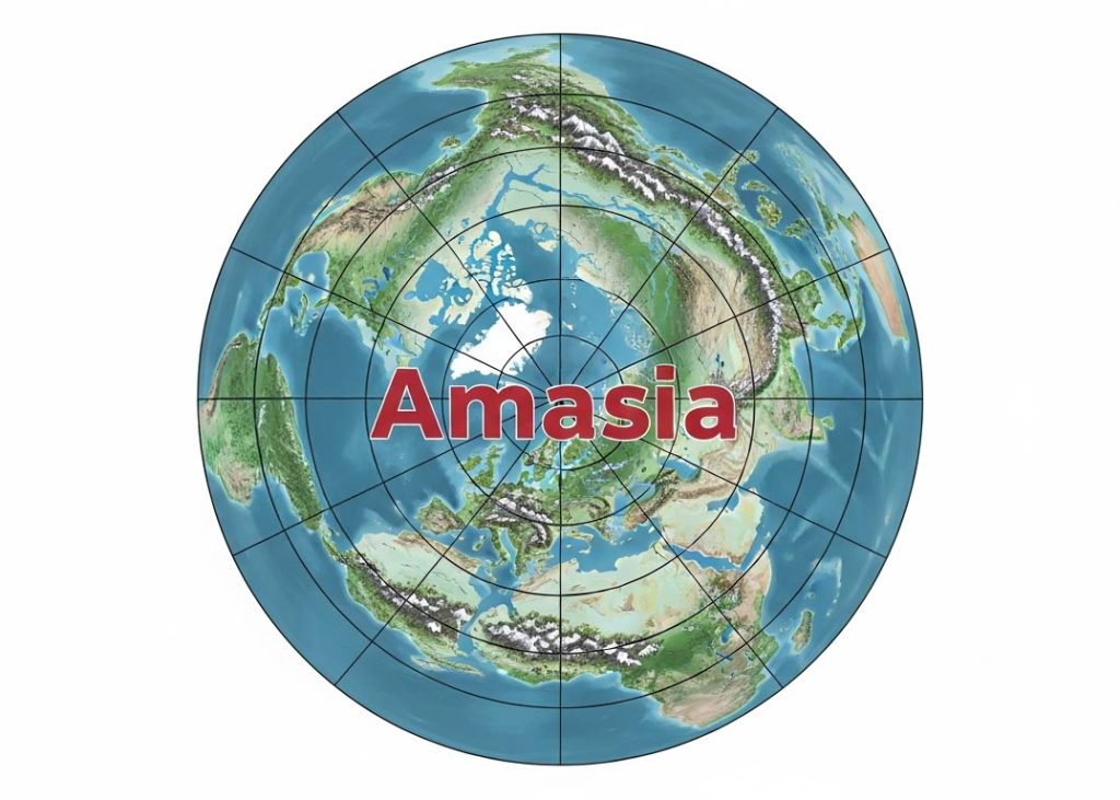 A map illustrating the predicted Amasia supercontinent, showing North America and Asia colliding, closing the Arctic Ocean.