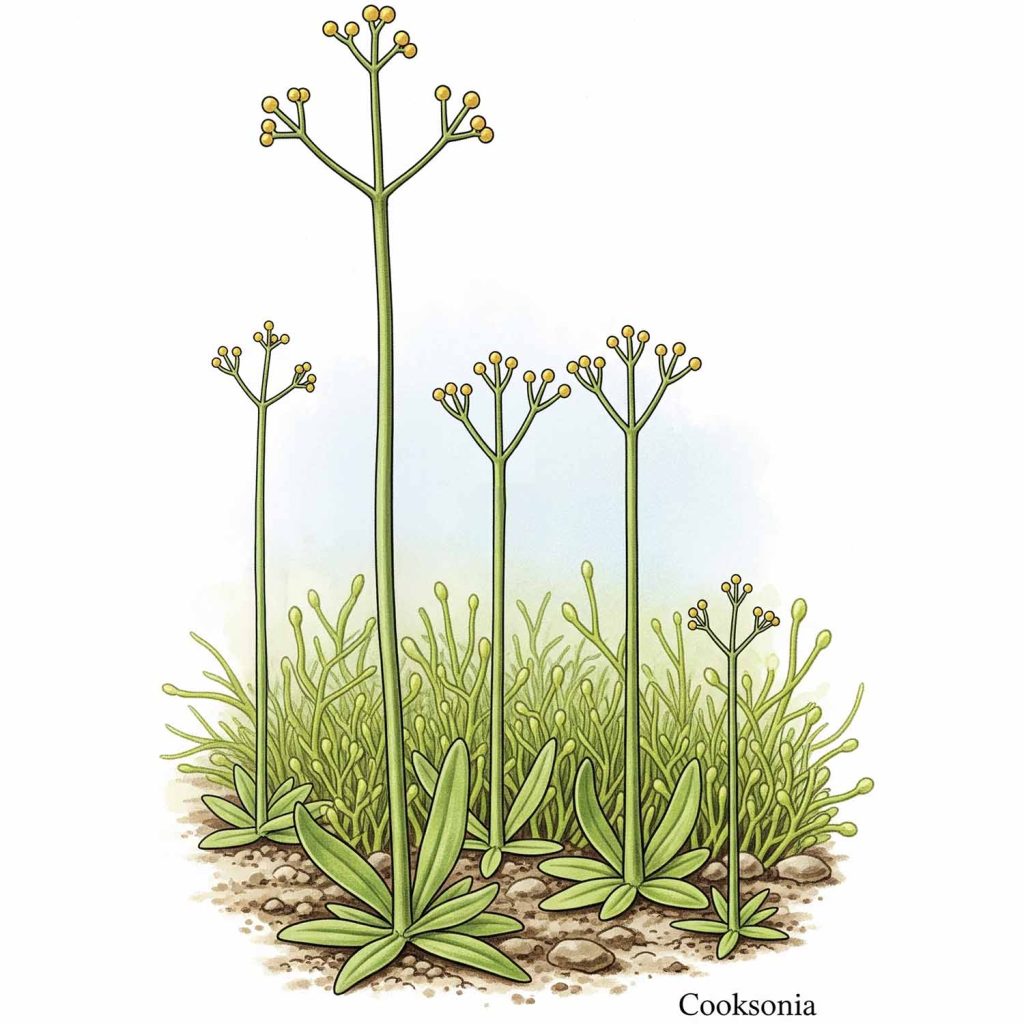 An illustration of early vascular plants like Cooksonia, showing their simple upright stems and spore-producing structures, standing taller than bryophytes.