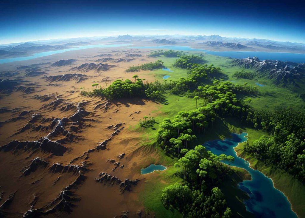 A panoramic illustration showing the transformation of Earth's barren landmasses into lush, green landscapes due to the spread of early land plants, with ancient forests emerging.